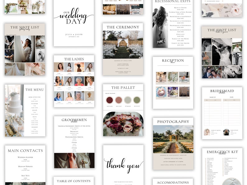 May include: A wedding planning checklist with headings for the shot list, the ceremony, the menu, main contacts, the ladies, groomsmen, the pallet, recessional exits, reception, photography, thank you, accommodations, the shot list, bridesmaid, and emergency kit.