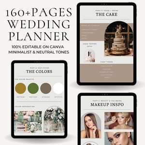 May include: Digital wedding planner displayed on tablets. The planner features sections on colors, cake, and makeup inspiration. Text includes "160+ PAGES WEDDING PLANNER" and "100% EDITABLE ON CANVA MINIMALIST & NEUTRAL TONES."