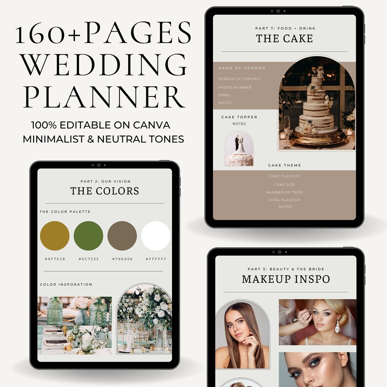 May include: Digital wedding planner displayed on tablets. The planner features sections on colors, cake, and makeup inspiration. Text includes "160+ PAGES WEDDING PLANNER" and "100% EDITABLE ON CANVA MINIMALIST & NEUTRAL TONES."