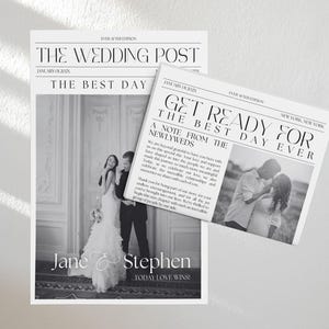 Pu&ograve; includere: Un annuncio di matrimonio in bianco e nero in stile giornale. Il titolo principale &egrave; "The Wedding Post" e "Get Ready for the Best Day Ever". L'annuncio presenta una foto della sposa e dello sposo, e il testo "Jane & Stephen" con lo slogan "Today Love Wins!"