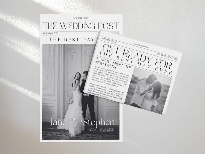 Pu&ograve; includere: Un annuncio di matrimonio in bianco e nero in stile giornale. Il titolo principale &egrave; "The Wedding Post" e "Get Ready for the Best Day Ever". L'annuncio presenta una foto della sposa e dello sposo, e il testo "Jane & Stephen" con lo slogan "Today Love Wins!"