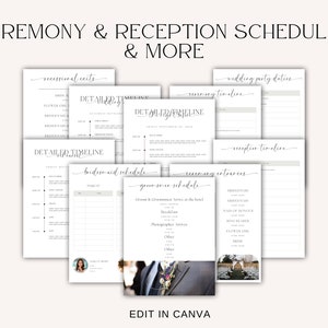 May include: A set of printable wedding planning templates in black and white with a cursive font. The templates include a detailed timeline, ceremony entrances, bridesmaid and groomsmen schedules, and reception timeline. The text "Edit in Canva" is at the bottom of the image.