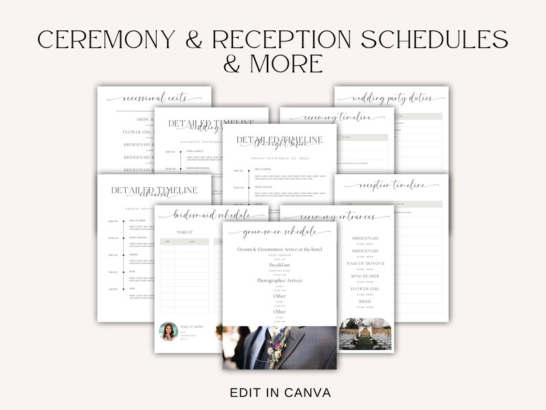 May include: A set of printable wedding planning templates in black and white with a cursive font. The templates include a detailed timeline, ceremony entrances, bridesmaid and groomsmen schedules, and reception timeline. The text "Edit in Canva" is at the bottom of the image.