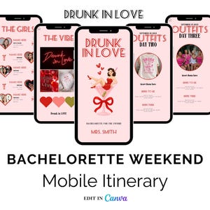 Könnte beinhalten: Ein mobiles Reisedesign für ein Junggesellinnenabschieds-Wochenende mit fünf Smartphones, die verschiedene Veranstaltungsdetails anzeigen. Die Telefone sind rosa und weiß, mit den Wörtern "Drunk in Love" und "Bachelorette Weekend".