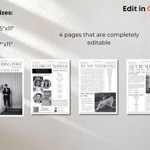 Pu&ograve; includere: Un modello di giornale di nozze in bianco e nero con quattro pagine. Le pagine includono un annuncio di matrimonio, un programma di nozze, un cruciverba e un gioco di quiz sul matrimonio. Il modello &egrave; modificabile in Canva.