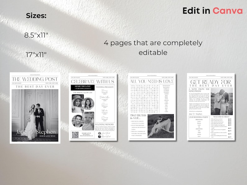 Pu&ograve; includere: Un modello di giornale di nozze in bianco e nero con quattro pagine. Le pagine includono un annuncio di matrimonio, un programma di nozze, un cruciverba e un gioco di quiz sul matrimonio. Il modello &egrave; modificabile in Canva.