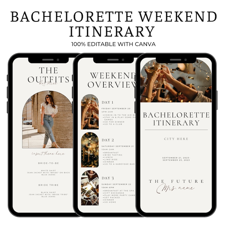May include: A printable bachelorette weekend itinerary template with a black and white design. The template includes a weekend overview, a bachelorette itinerary, and a section for outfits. The text includes the words "Bachelorette Weekend Itinerary", "The Outfits", "Weekend Overview", and "The Future Mrs. [Name]"