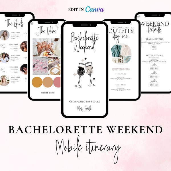 Bachelorette Itinerary Template For Mobile, Weekend Itinerary, Digital Invitation, Bachelorette Weekend, Itinerary Planner Template, Canva