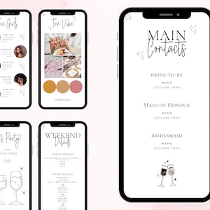May include: A mobile phone screen displaying a list of contacts for a wedding party. The screen shows the names and phone numbers for the bride-to-be, maid of honor, and bridesmaid. The phone screen is white with black text and a black and white illustration of two champagne glasses.