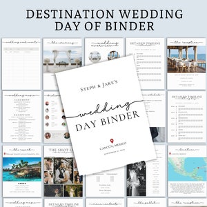 May include: A white wedding day binder with the text "Steph & Jake's Wedding Day Binder" and the location "Cancun, Mexico September 11, 2022".