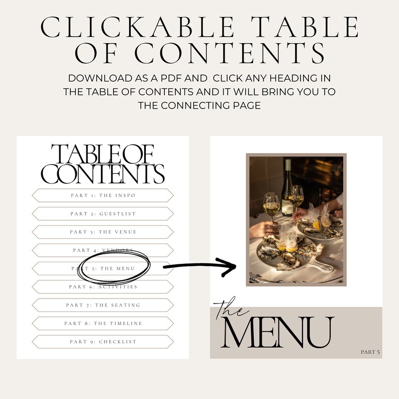 May include: A clickable table of contents for a wedding planning guide. The table of contents includes sections for inspiration, guest list, venue, vendor, menu, activities, seating, timeline, and checklist. The image shows a close-up of a plate of oysters with lemon wedges and a glass of white wine.