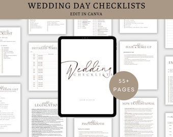 May include: A digital wedding checklist template with a minimalist design. The image features a tablet displaying the words "Wedding Checklists" and "55+ Pages". Surrounding the tablet are various checklists, including transportation, hair & makeup, and a detailed timeline.