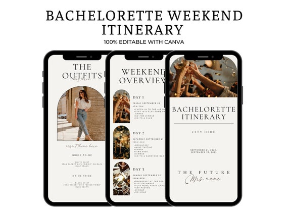 Bachelorette Itinerary Template For Mobile, Weekend Itinerary, Digital Invitation, Bachelorette Weekend, Itinerary Planner Template, Canva
