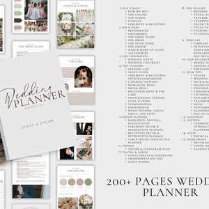 May include: A wedding planner guide with a light gray cover and the text "Wedding Planner" in brown script. The cover also includes the names "Julia & Jacob" in brown text. The planner is open to a page with a list of wedding planning tasks and checklists.