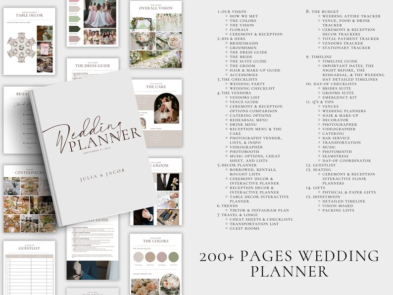 May include: A wedding planner guide with a light gray cover and the text "Wedding Planner" in brown script. The cover also includes the names "Julia & Jacob" in brown text. The planner is open to a page with a list of wedding planning tasks and checklists.