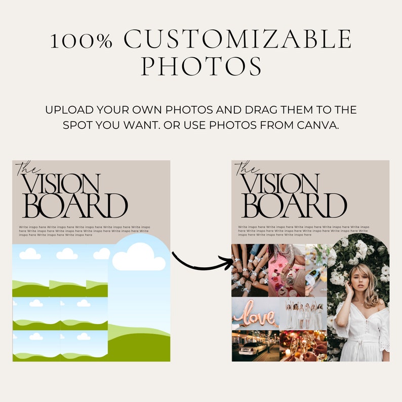 May include: A digital template for a vision board with a beige background. The template has a title that says "The Vision Board" and has a section for adding photos. The template is customizable and can be used to create a vision board with personal photos or photos from Canva.