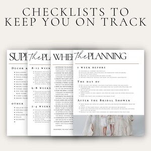 May include: A checklist for planning a bridal shower. The checklist is divided into three sections: Decor & Other, 8-12 Weeks, and 6-8 Weeks. The checklist includes items such as balloons, bachelorette party supplies, and a bride tribe.