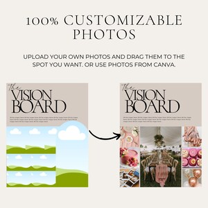 May include: A digital template for a vision board with a light blue, green, and white color scheme. The template has a title that says "The Vision Board" and has several empty spaces for photos. The template is shown next to a completed vision board with photos of a wedding, a cake, and other wedding-related items.