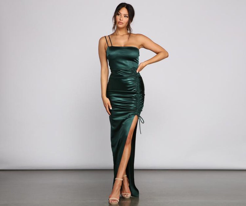 high slit ruched plain evening dress