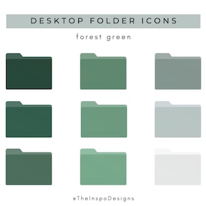 May include: Nine forest green desktop folder icons in varying shades, arranged in three rows. The top of the image reads "DESKTOP FOLDER ICONS" and "forest green". The bottom of the image includes the text "@TheInspoDesigns".