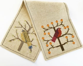 Table Runner, With Cross Stitch Birds Pattern From Haandarbejdets Fremme, Mid-Century Modern, Denmark