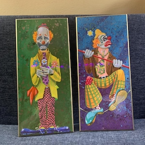 Set of 2 vintage colorful clown plaques; Norcross, 1981; very good condition