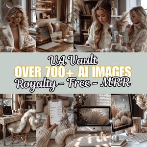May include: A collage of images featuring women working at desks with laptops, a phone, and a desktop computer. The text "VA Vault OVER 700+ AI IMAGES Royalty - Free - MRR" is displayed in the center of the collage.