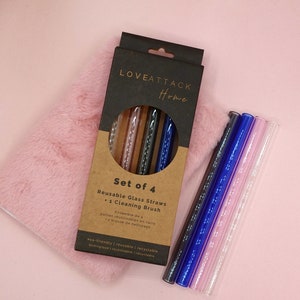 8" Straight Coloured Reusable Borosilicate Glass Straw Set of 4 with Cleaning Brush