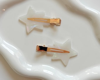 White Star Hair Clips: Cellulose Acetate Creaseless Clips for Skincare & Makeup - Set of 2 Clips