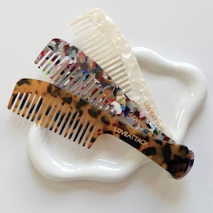 Tortoise Shell Wide Tooth Comb: Long Handle Cellulose Acetate Comb