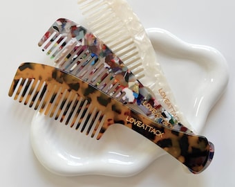 Tortoise Shell Wide Tooth Comb: Long Handle Cellulose Acetate Comb