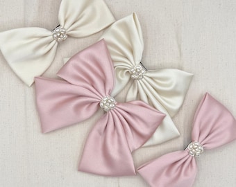 Floral Pearl Satin Hair Bow Barrette: Elegant Gold Accent Hair Clip