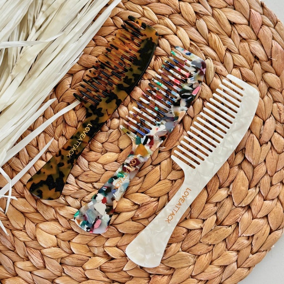 Tortoise Shell Wide Tooth Comb: Long Handle Cellulose Acetate Comb