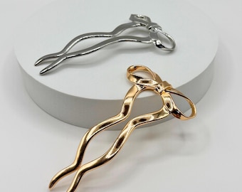 Coquette Bow French Hair Pin: Wavy Metal Alloy Hair Accessory
