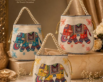 Handcrafted Indian Potli Bag with Elephant Print | Pearl Handle Evening Bag | Boho Ethnic Clutch | Wedding & Gift Purse