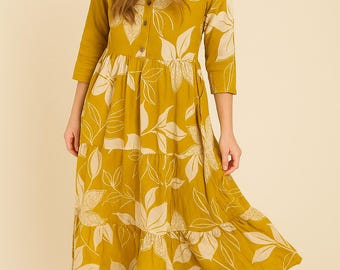 Mustard Yellow Floral Cotton Midi Dress – Boho Chic Tiered Summer Dress