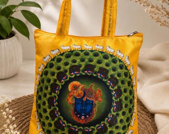 Handmade Shreenathji Mini Tote Bag | Krishna Devotional Fabric Handbag | Zipper Tote | Hindu Temple Bag | Spiritual Gift | Multiple Colors