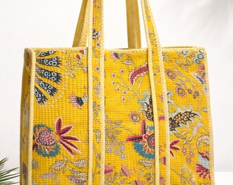 Quilted Tote Bag with Matching Pouch Set, Floral Cotton Travel Bag, Handmade Overnight Tote, Makeup Pouch Organizer, Gift for Her