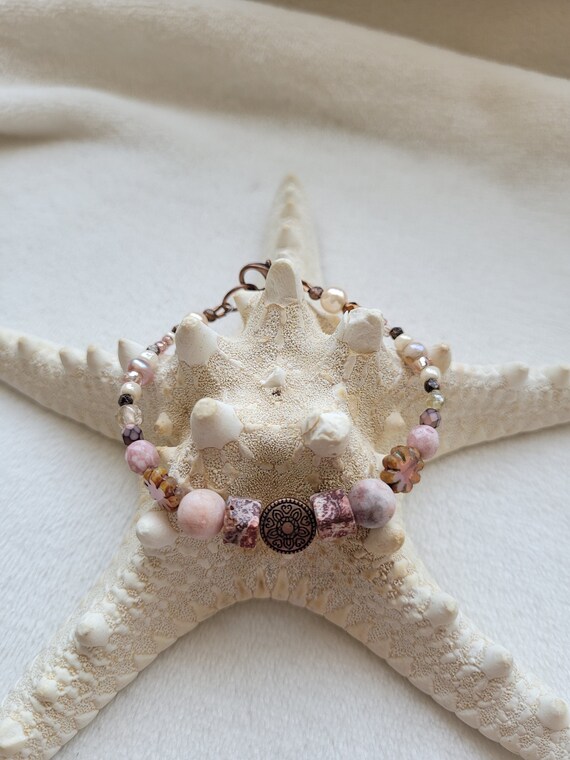 Pink Zebra Stone Bracelet Natural Bracelet Stone Copper Etsy