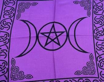 Purple and Black Pentagram Triple Moon Altar Cloth with fringe Tarot Cloth Free Gift Wrap