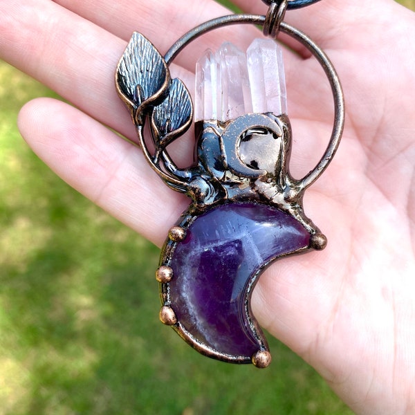 Amethyst Moon Pendant with Clear Quartz Crown Copper Hand Made Necklace Free Gift Wrap Goddess Necklace Witchy Electroformed Statement Piece