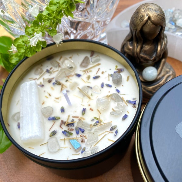 Moon Goddess Selene Ritual Candle Soy  Organic Essential Oils Crystal infused Luna Intention Candle Free GiftWrap Offering Candle Selenite