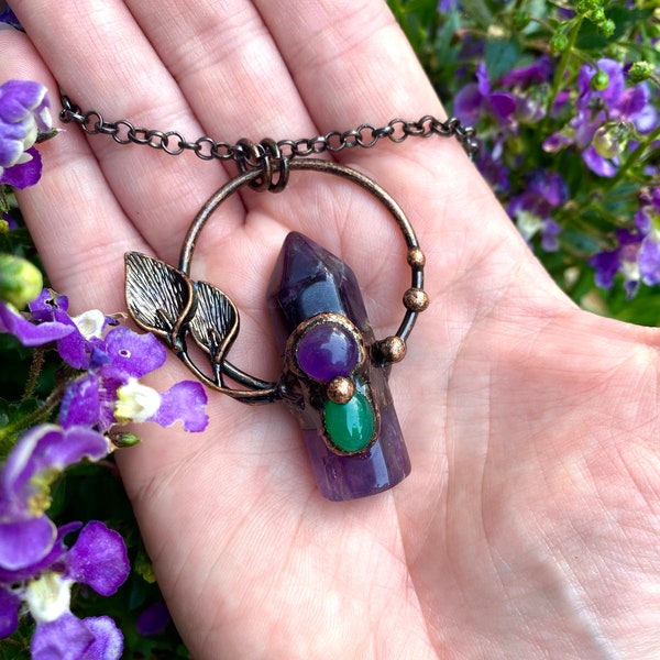 Amethyst Copper & Aventurine Pendant Point Hand Made Necklace Free Gift Wrap Goddess Necklace Witchy Electroformed Statement Piece