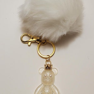 Keychain Teddy Bear (2D), faux pearl eyes and gold crown, white pompom, gold hardware, swivel