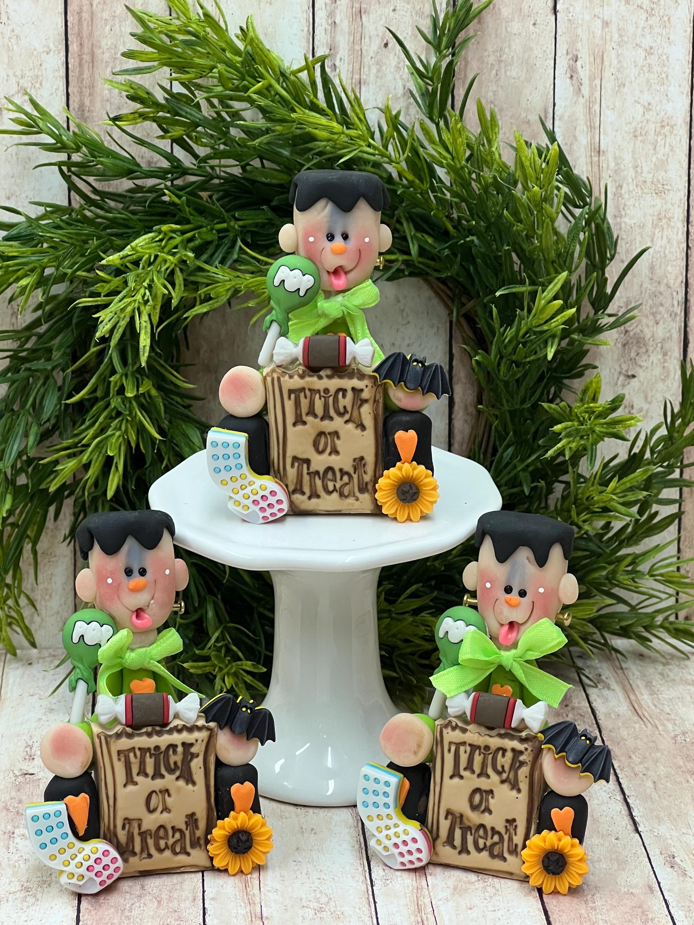 Clay Frankenstein, Halloween decor, Frankenstein centerpiece, Rae Dunn displays, tiered tray decor, Frankenstein decor, trick or treat decor