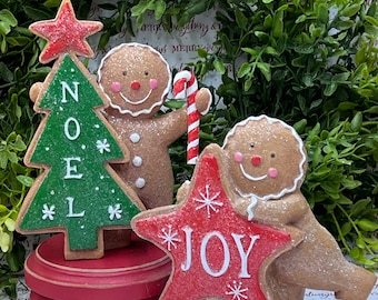 Gingerbread centerpiece, gingerbread decor, tiered tray decor, Christmas decor, photo props, gingerbread boy or girl, Joy, Noel.