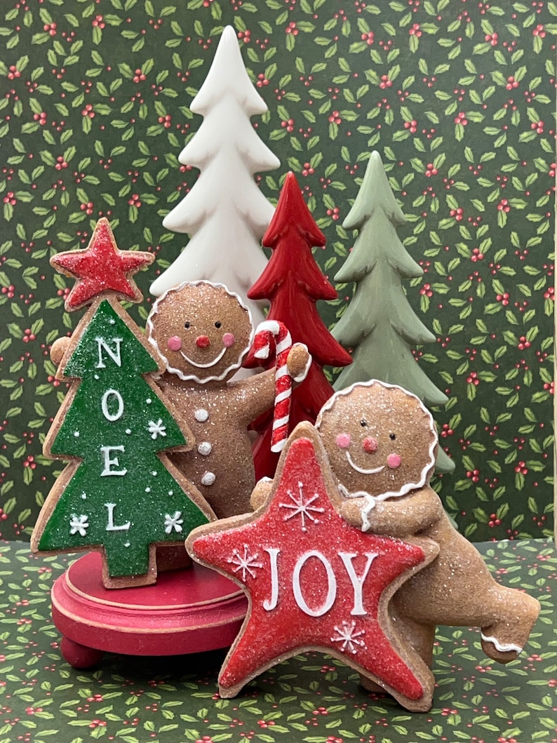 Gingerbread centerpiece, gingerbread decor, tiered tray decor, Christmas decor, photo props, gingerbread boy or girl, Joy, Noel.