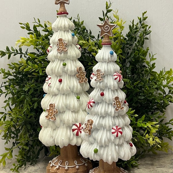 Resin trees, Christmas trees, gingerbread trees, white trees, peppermint trees, tiered tray decor, Rae Dunn displays, white and red trees.