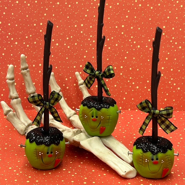 Clay Frankenstein apple, Halloween decor, Halloween centerpiece, Rae Dunn displays, tiered tray decor, Frankenstein decor, faux apple.