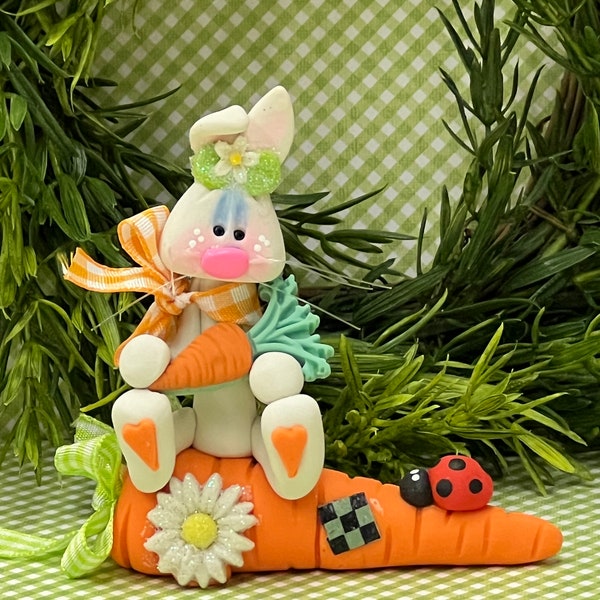 Bunny decor, Easter decor, carrot decor, tiered tray decor, Easter decorations, clay bunny, clay figures, Rae Dunn displays.